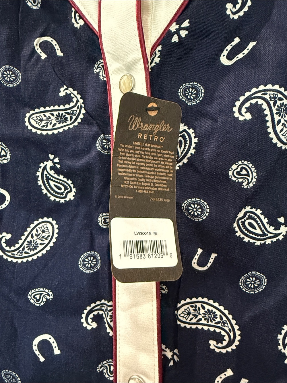 Wrangler Navy Paisley Western Pearl Snap Shirt with Cream Yoke - Picture 3 of 7
